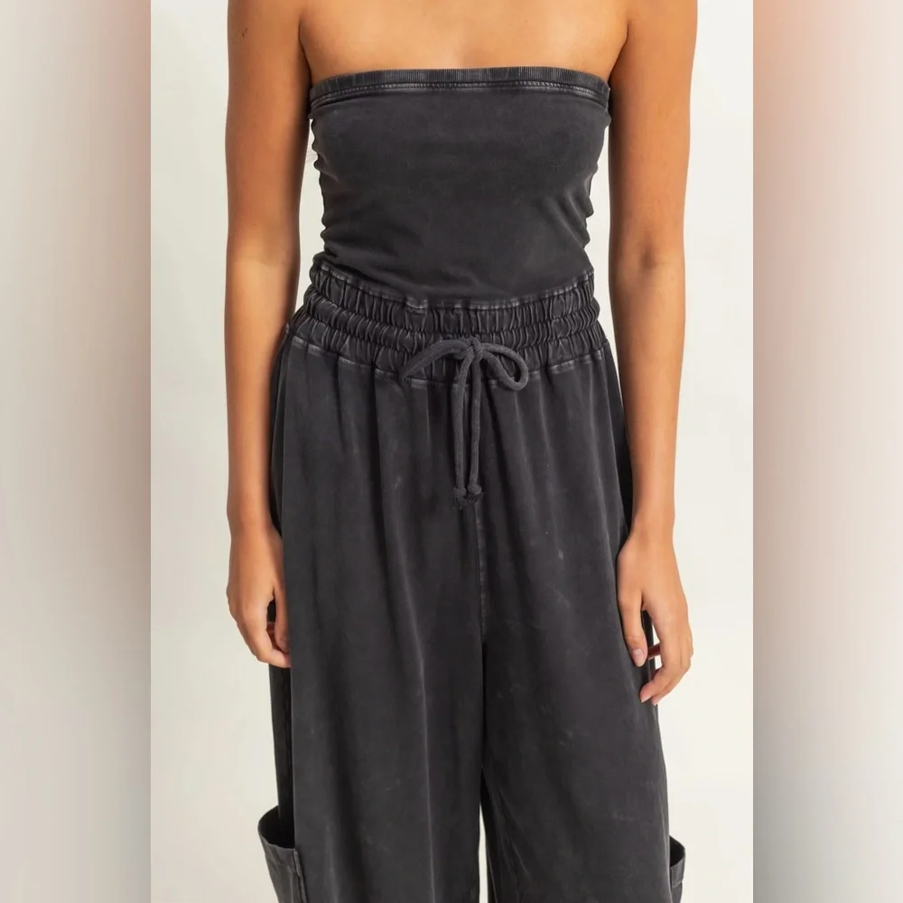 NWT Washed Cotton Tube Top Strapless Drawstring Cargo Pocket Wide Leg Jumpsuit - Picture 6 of 6
